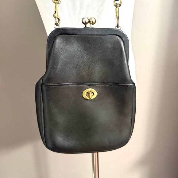 Coach Handbags - Coach Vintage Rare Bonnie Cashin Kisslock Black Leather Purse Bag Double Strap
